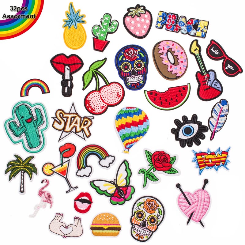 U-Sky Sew or Iron on Embroidered Patches | 32PCs Assorted Colorful Designs Vibrant Fruits Animal Cartoon Symbols Foods | DIY Clothing Customization | Jeans Jackets Vest Hoodie Vest| Mixed Sizes Set - Image 1